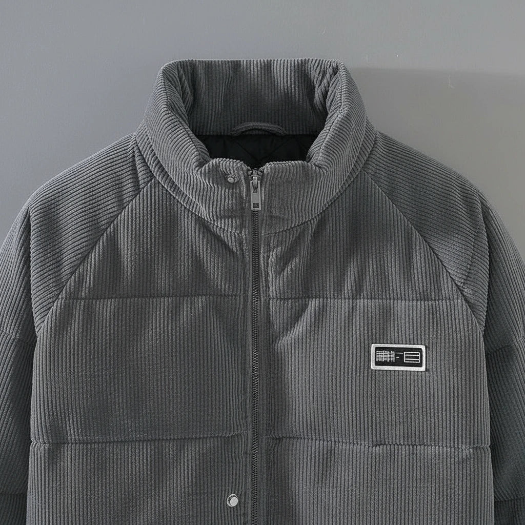 A gray ribbed corduroy puffer jacket with a stand-up collar, front zipper, and a small rectangular logo patch on the left chest, shown against a plain gray background.