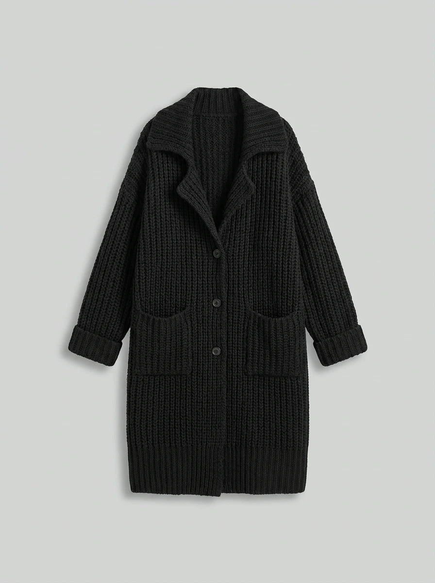 Phoebe Oversized Chunky Knit Lapel Longline Cardigan in black, flat-lay product shot