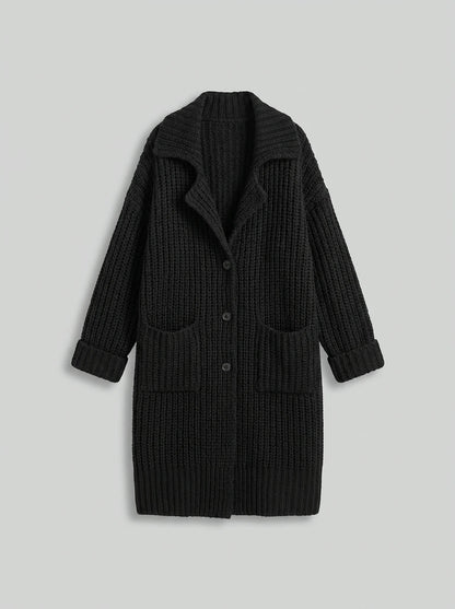 Phoebe Oversized Chunky Knit Lapel Longline Cardigan in black, flat-lay product shot