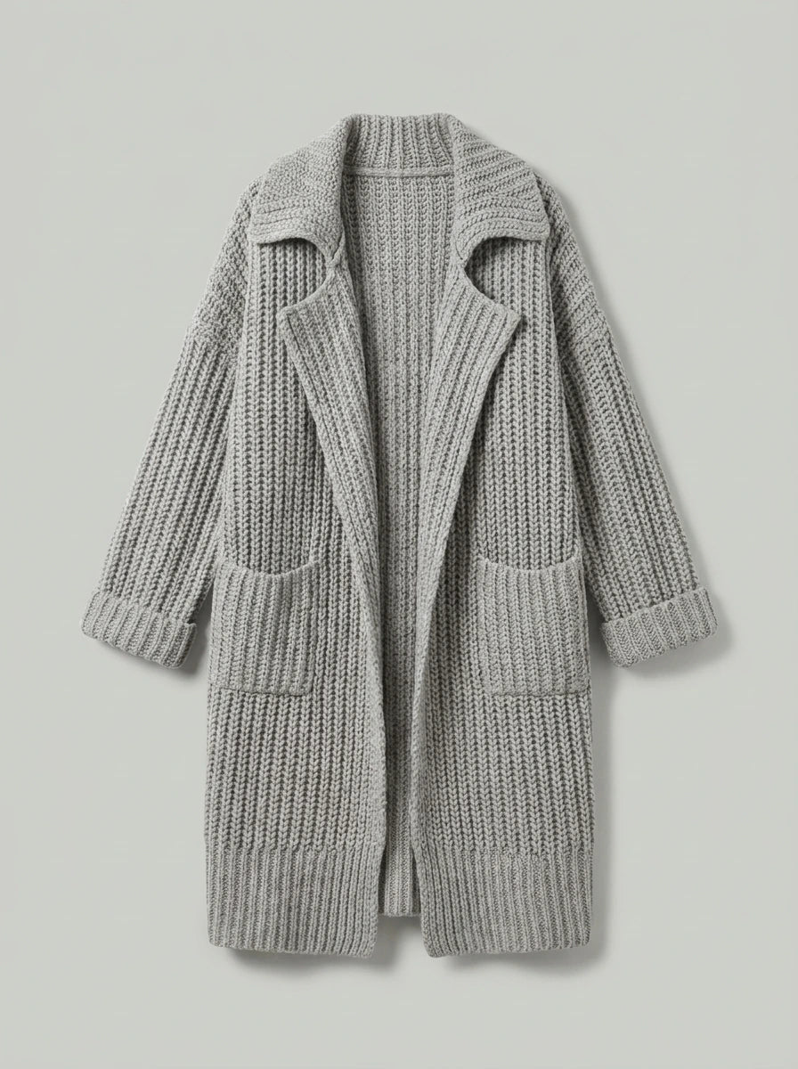 Phoebe Oversized Chunky Knit Lapel Longline Cardigan in grey, flat-lay product shot
