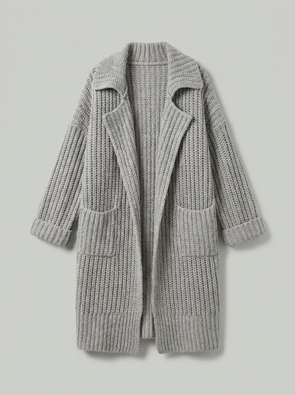 Phoebe Oversized Chunky Knit Lapel Longline Cardigan in grey, flat-lay product shot