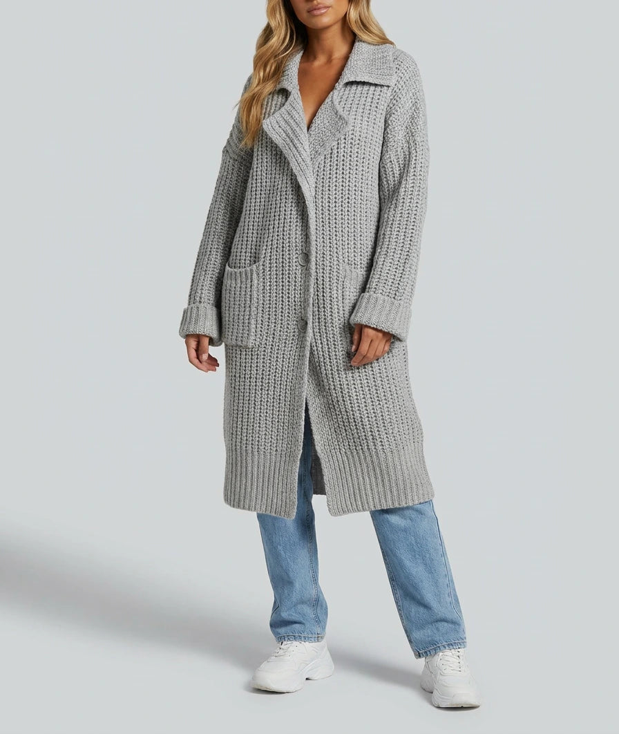 Phoebe Oversized Chunky Knit Lapel Longline Cardigan in grey, worn buttoned, full length front view