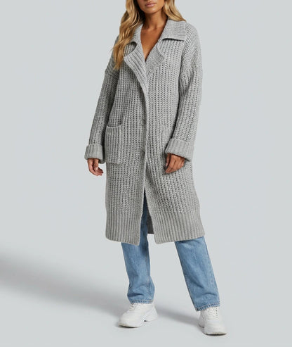 Phoebe Oversized Chunky Knit Lapel Longline Cardigan in grey, worn buttoned, full length front view