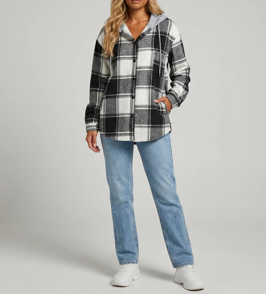 Wren Plaid Hooded Shacket - Black