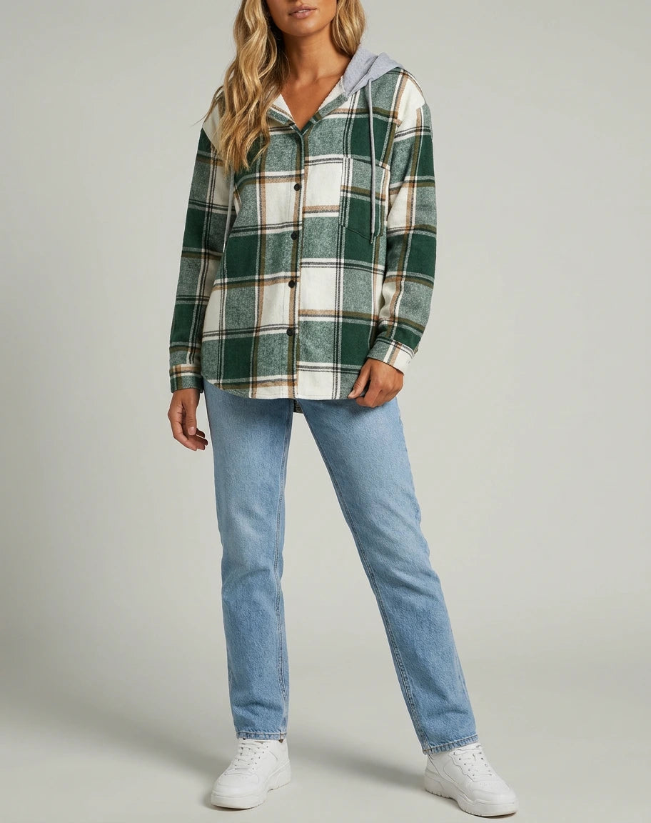 Wren Plaid Hooded Shacket - Green