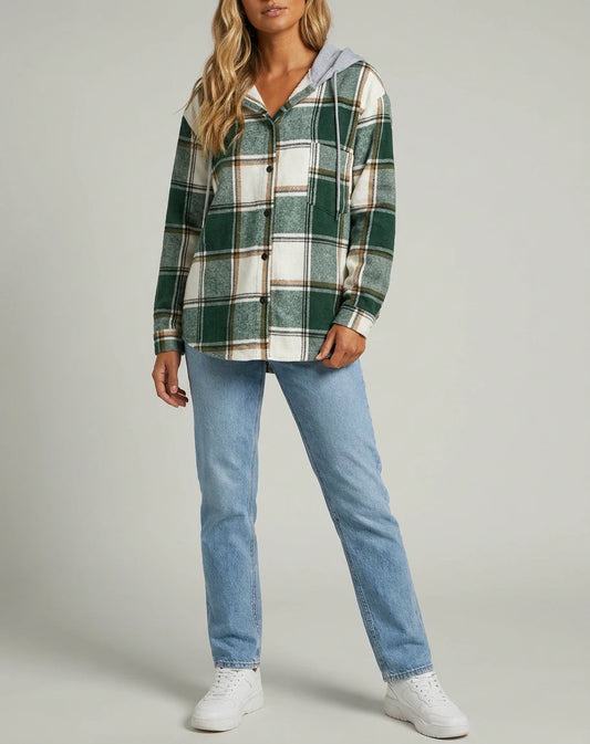 Wren Plaid Hooded Shacket - Green