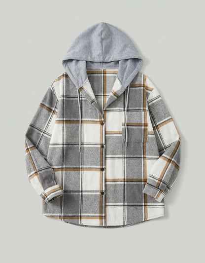 Wren Plaid Hooded Shacket - Grey