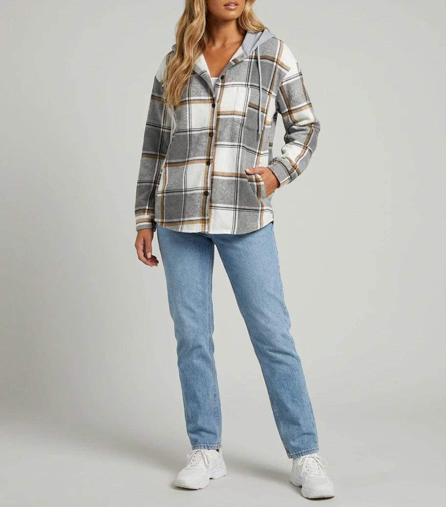 Wren Plaid Hooded Shacket - Grey