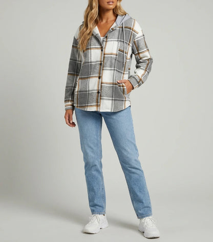 Wren Plaid Hooded Shacket - Grey