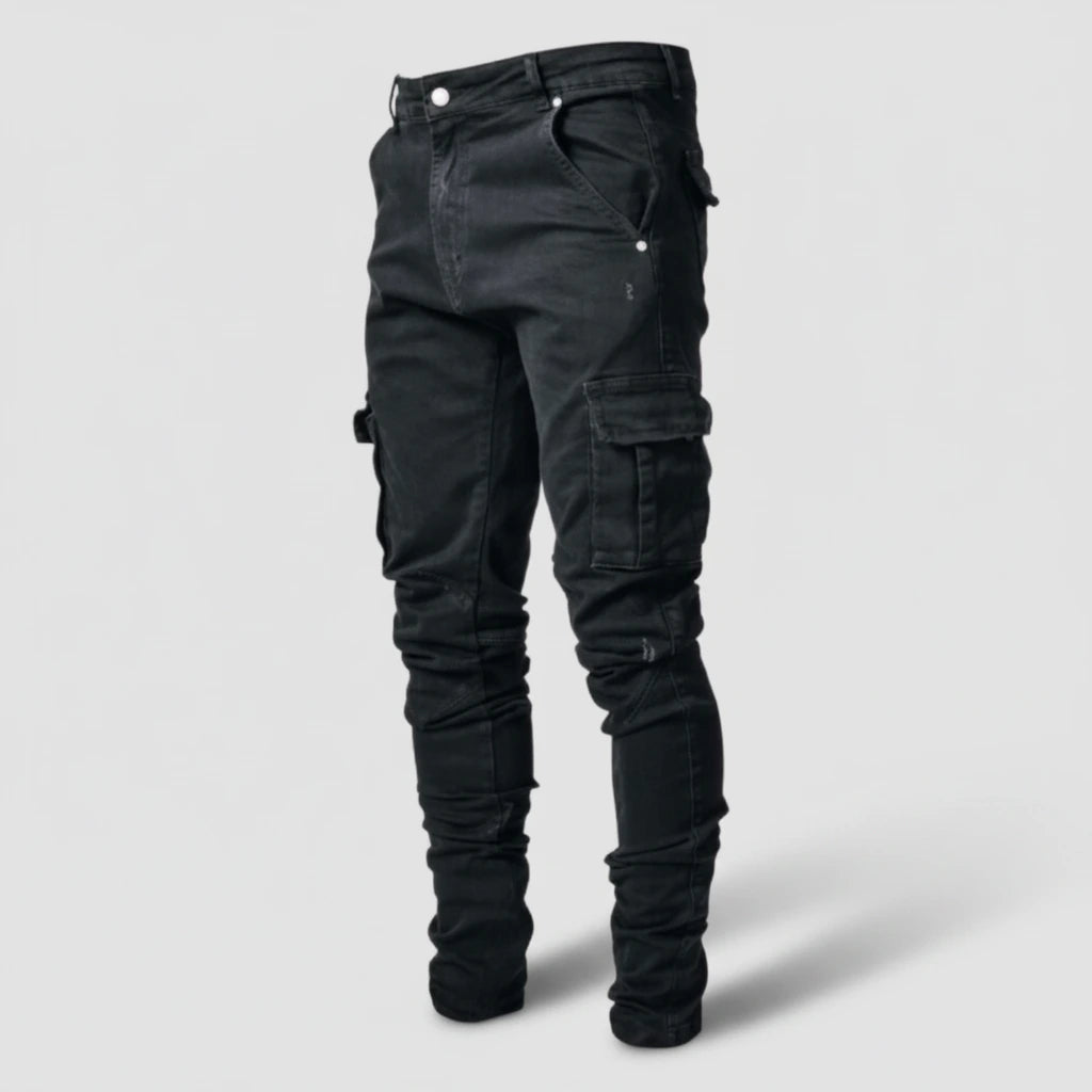 Ultra-Stretch Slim Cargo Jeans in black, flat lay product photo