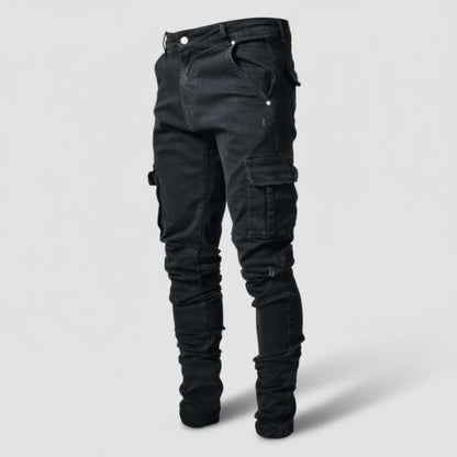 Ultra-Stretch Slim Cargo Jeans in black, flat lay product photo