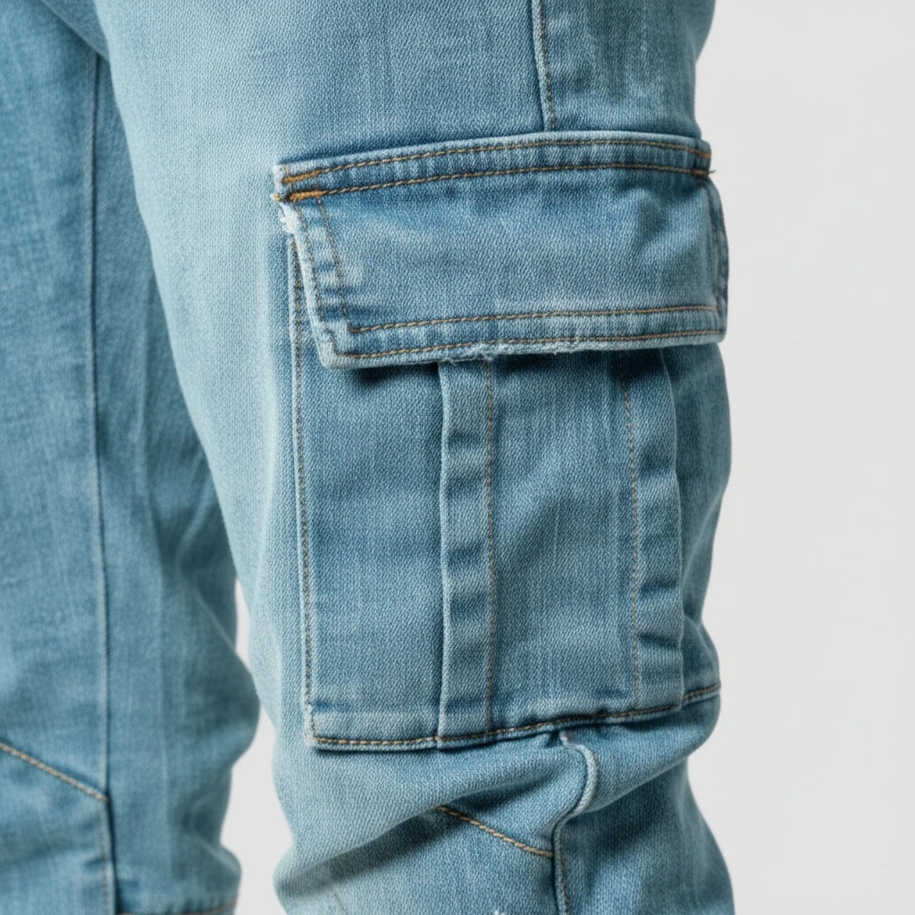 Close-up of the cargo pocket detail on the blue Ultra-Stretch Slim Cargo Jeans