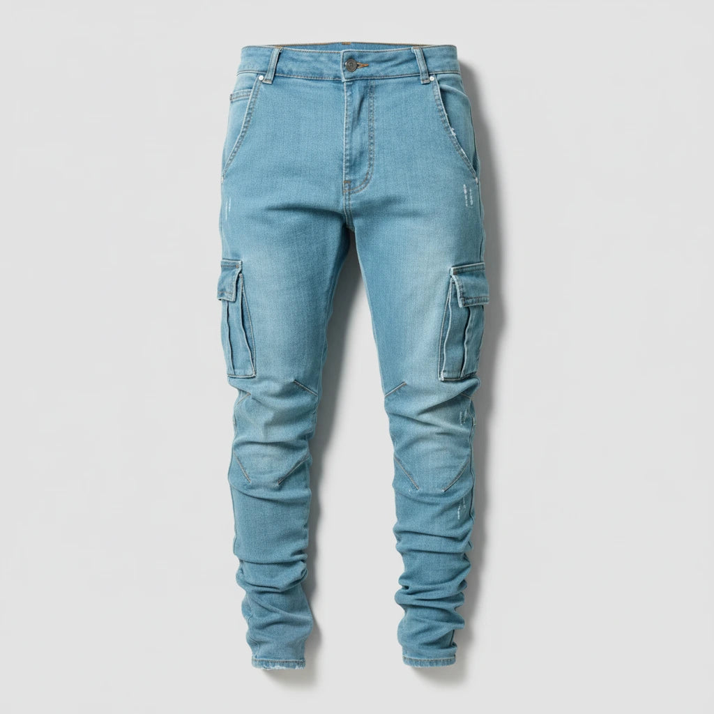 Ultra-Stretch Slim Cargo Jeans in blue, flat lay product photo