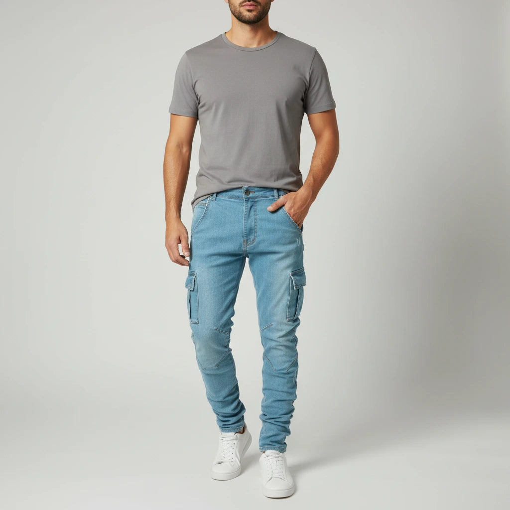 Ultra-Stretch Slim Cargo Jeans in blue, worn on-model, full length front view
