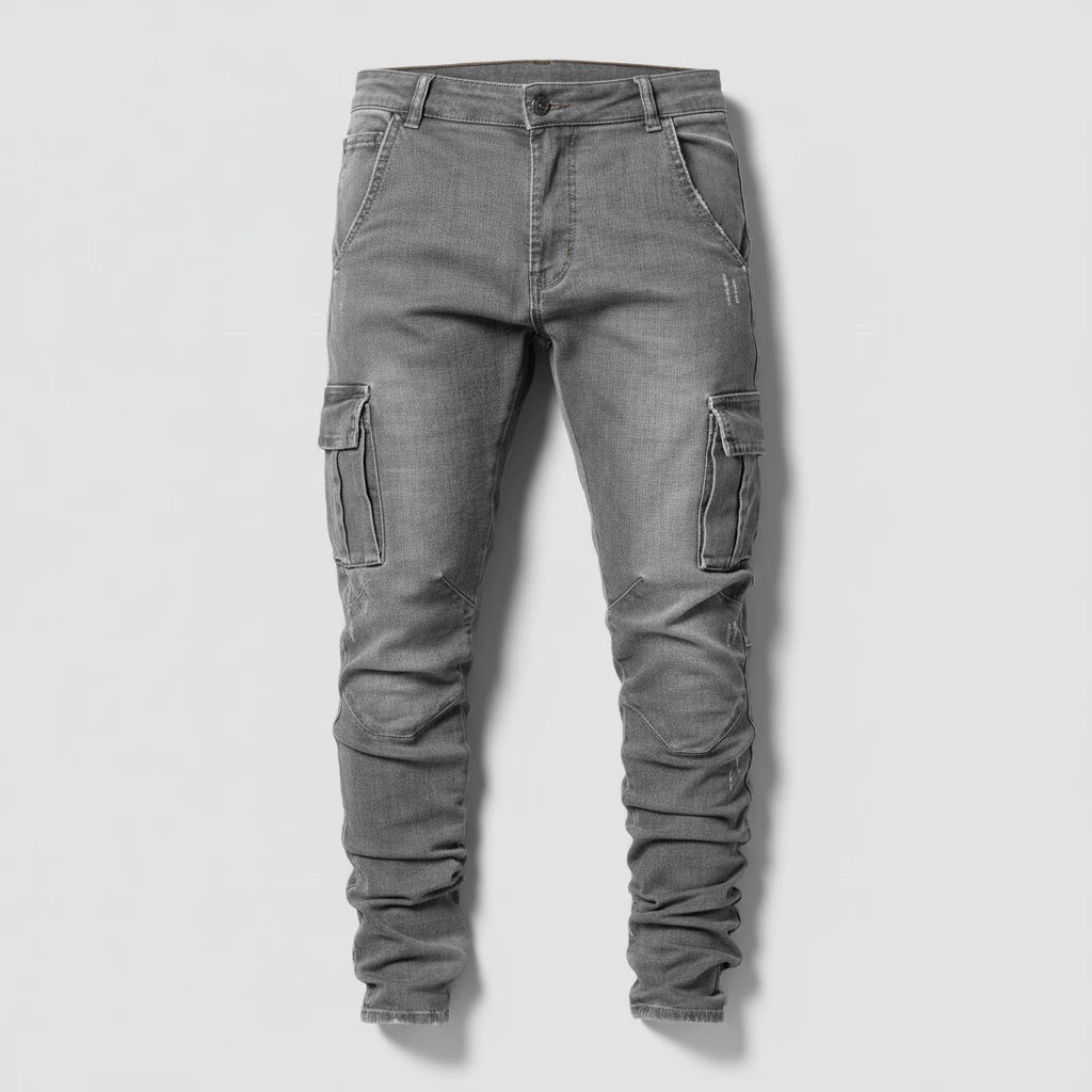 Ultra-Stretch Slim Cargo Jeans in grey, flat lay product photo
