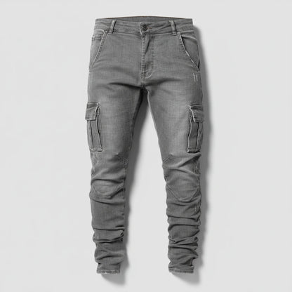 Ultra-Stretch Slim Cargo Jeans in grey, flat lay product photo