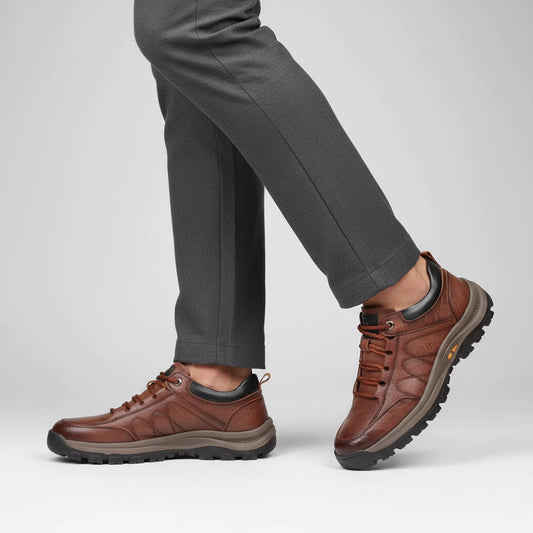 Valelus William Orthopedic Waterproof Casual Shoes in Brown, side walking view on model
