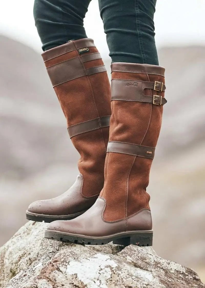 Waterproof Double-Buckle Knee-High Boots in Brown