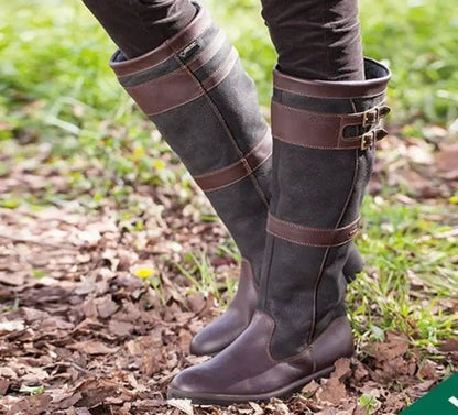 Waterproof Double-Buckle Knee-High Boots in Coffee