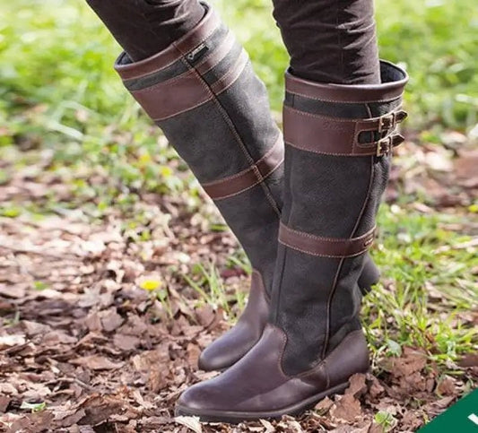 Waterproof Double-Buckle Knee-High Boots in Coffee