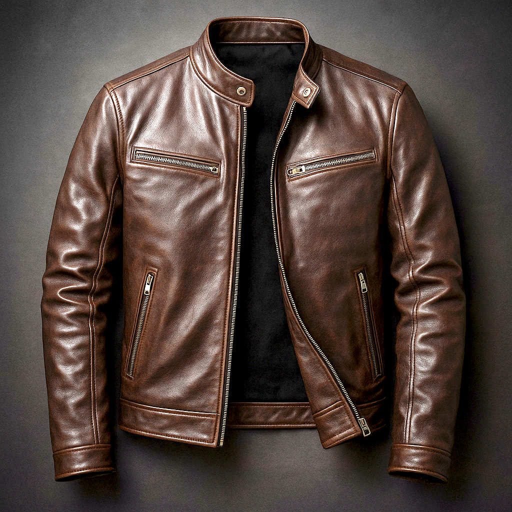 Vintage Leather Racer Jacket with Zip Pockets