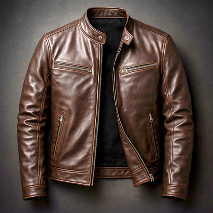 Vintage Leather Racer Jacket with Zip Pockets