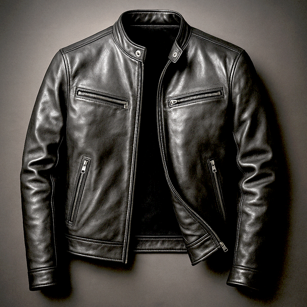 Vintage Leather Racer Jacket with Zip Pockets