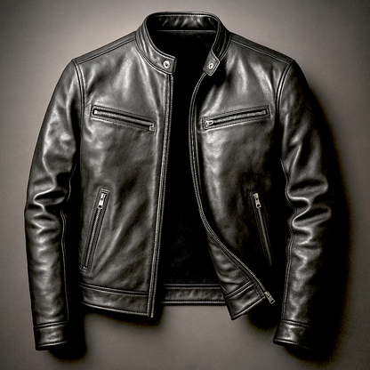 Vintage Leather Racer Jacket with Zip Pockets