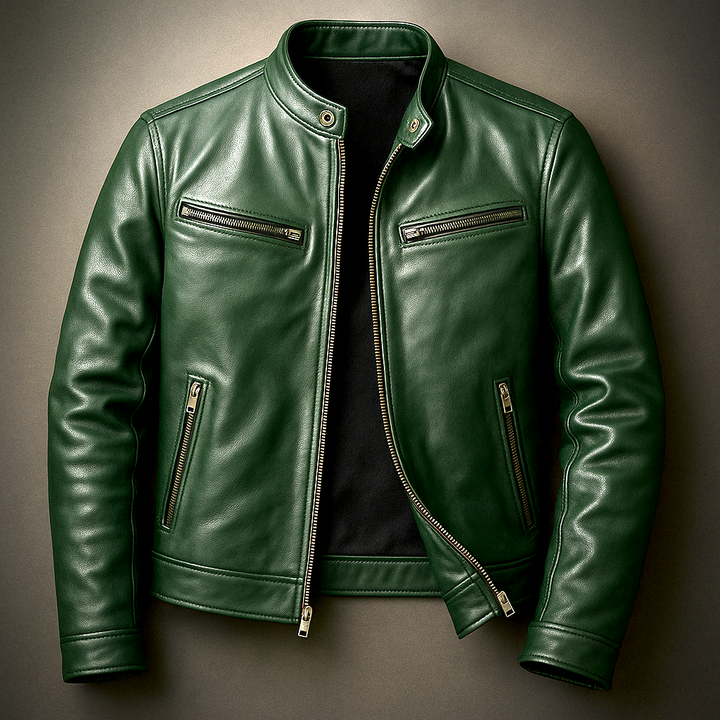 Vintage Leather Racer Jacket with Zip Pockets