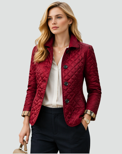 Diamond Quilted Button-Front Jacket - Wine Red