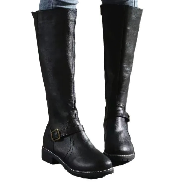 Buckle-Strap Leather Boots with Arch Support