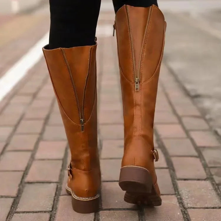 Buckle-Strap Leather Boots with Arch Support