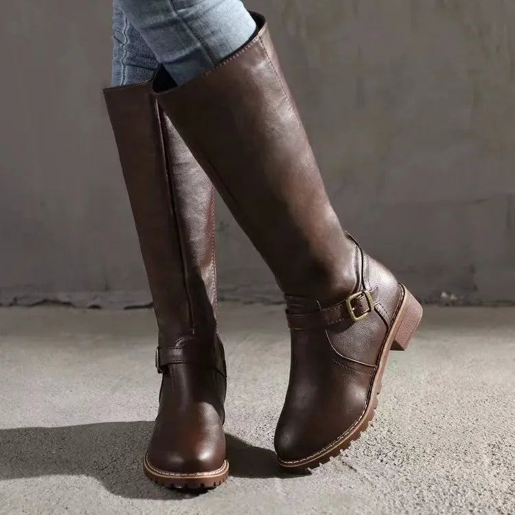 Buckle-Strap Leather Boots with Arch Support