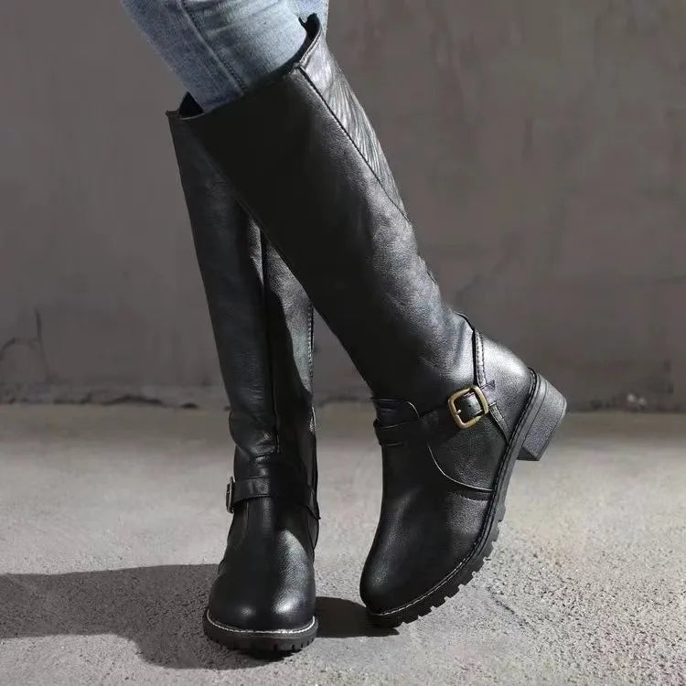 Buckle-Strap Leather Boots with Arch Support