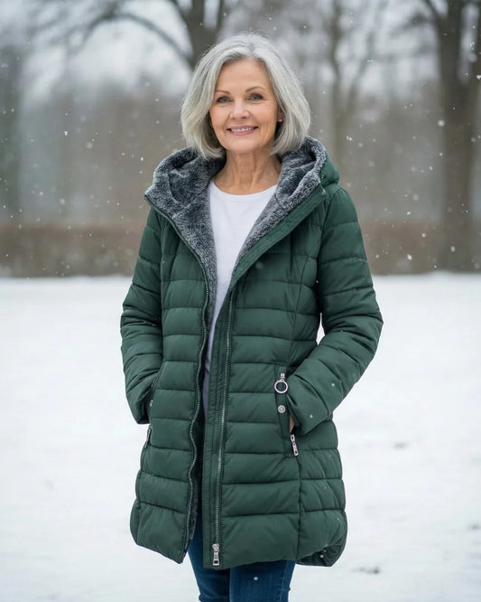 Women's Puffer Jacket Hooded Fleece Lined - Dark Green