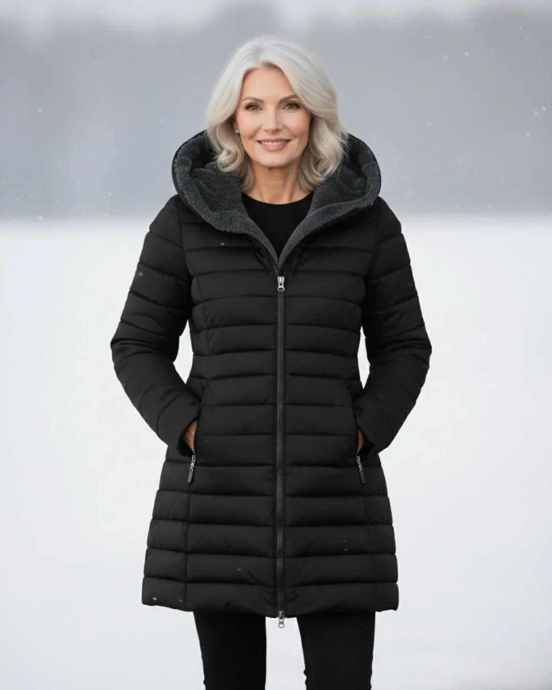 Women's Puffer Jacket Hooded Fleece Lined - Black