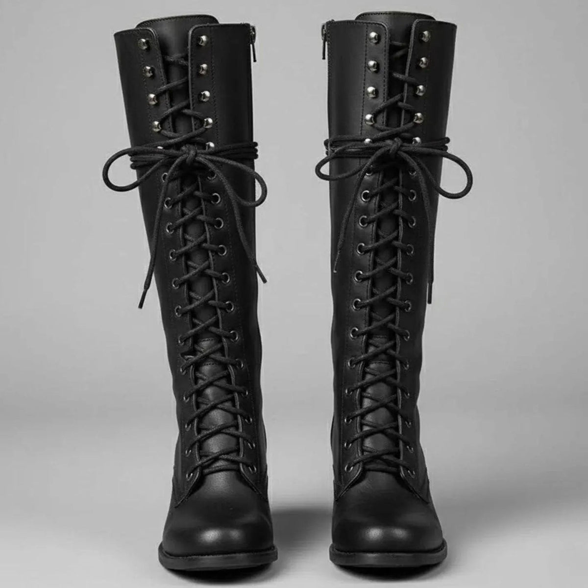 Mia Studded Lace-Up Knee-High Boots - Black