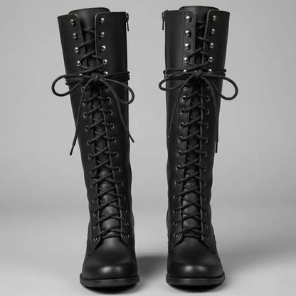 Mia Studded Lace-Up Knee-High Boots - Black