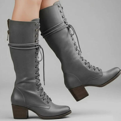 Mia Studded Lace-Up Knee-High Boots - Grey