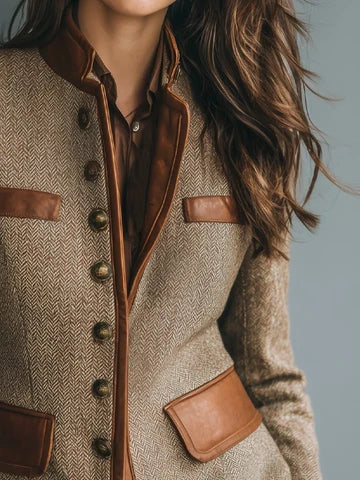 Vintage Tweed Leather Trim Button Up Jacket
