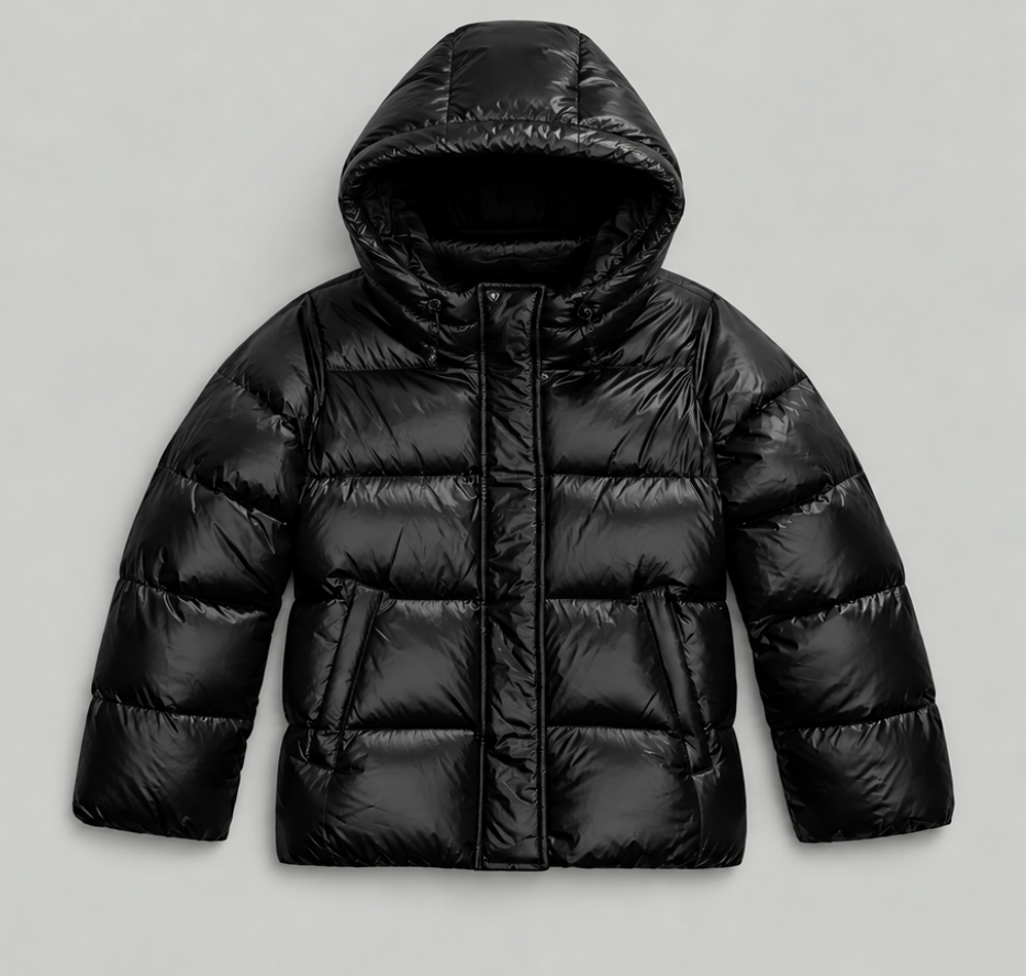 A black hooded puffer jacket with horizontal quilting, shown flat against a light gray background.