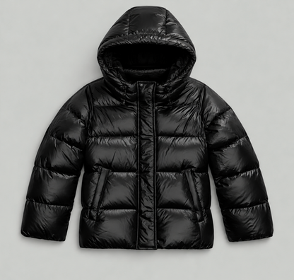 A black hooded puffer jacket with horizontal quilting, shown flat against a light gray background.
