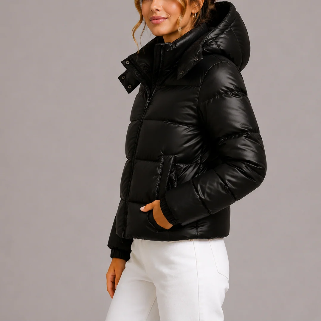Quilted Hooded Jacket - Shiny Puffer Coat - Black