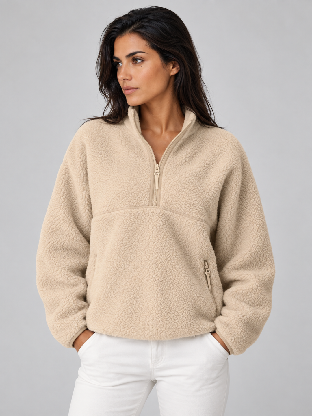 Women's Sherpa Fleece Half-Zip Pullover - Khaki