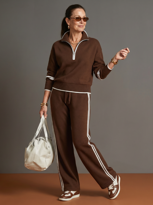 Zip-Neck Knit Top & Side-Stripe Wide-Leg Trousers Set - Brown