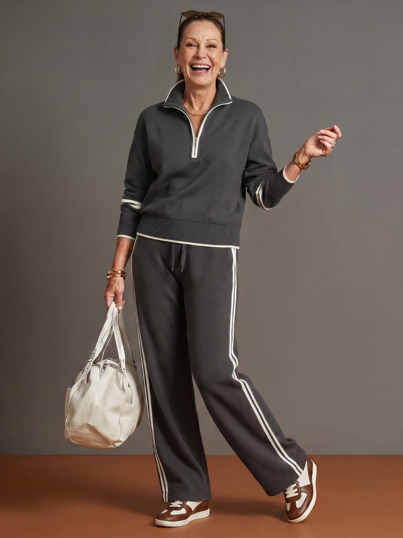 Zip-Neck Knit Top & Side-Stripe Wide-Leg Trousers Set - Grey
