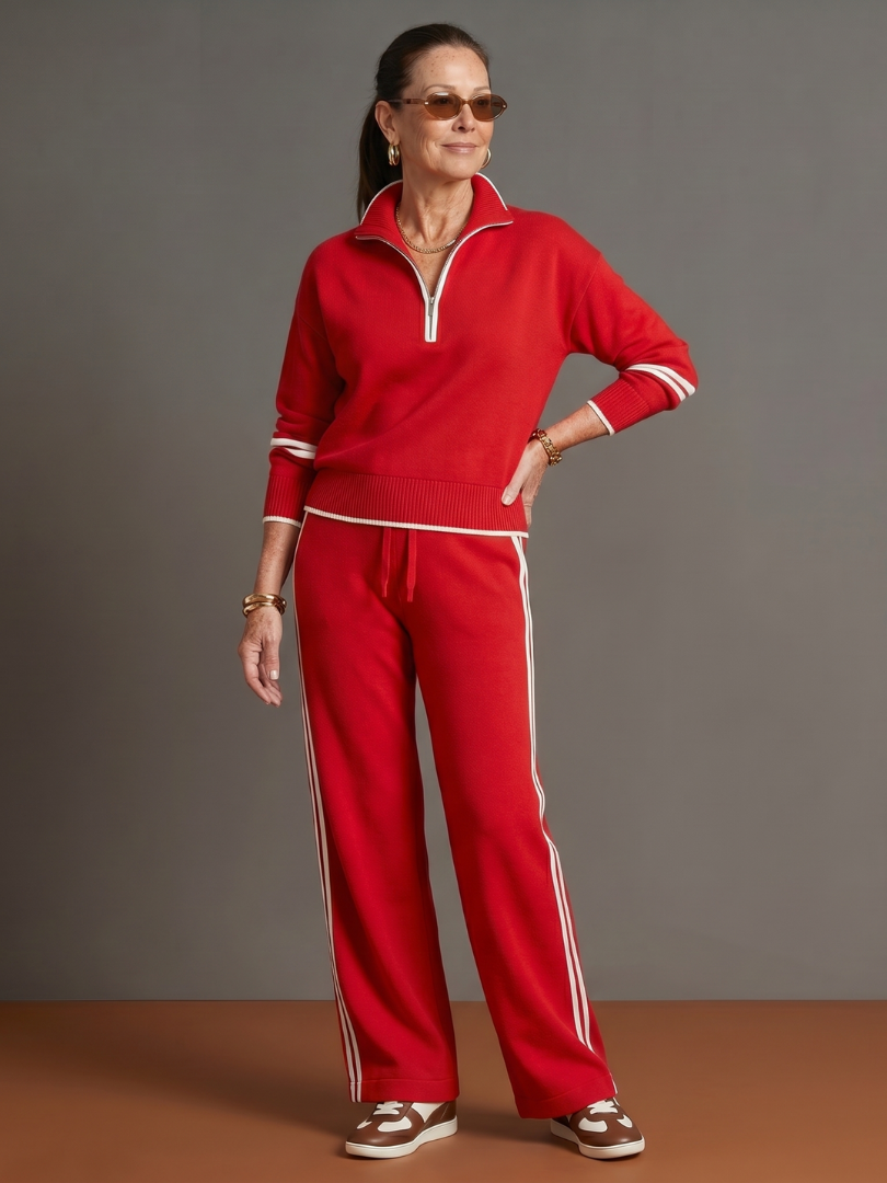 Zip-Neck Knit Top & Side-Stripe Wide-Leg Trousers Set - Red