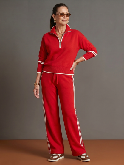 Zip-Neck Knit Top & Side-Stripe Wide-Leg Trousers Set - Red