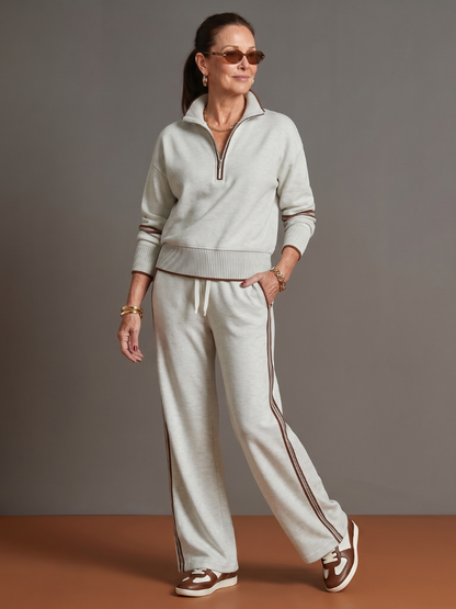 Zip-Neck Knit Top & Side-Stripe Wide-Leg Trousers Set - White