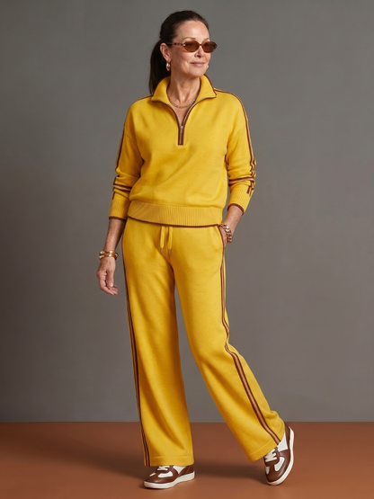 Zip-Neck Knit Top & Side-Stripe Wide-Leg Trousers Set - Yellow